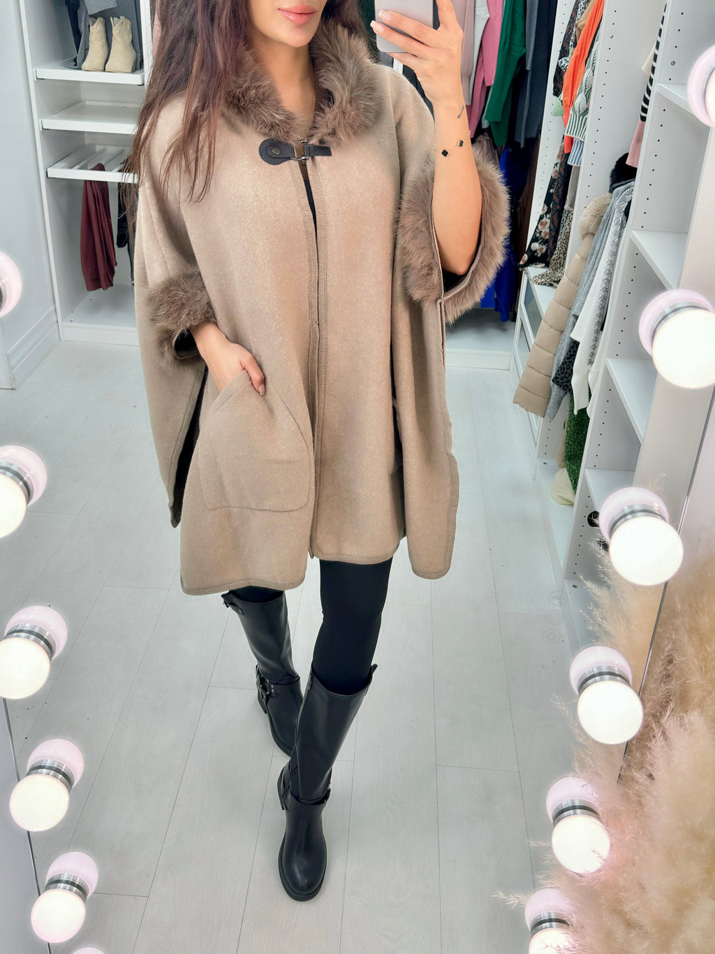 Zarina Faux Fur Hooded Poncho Jacket