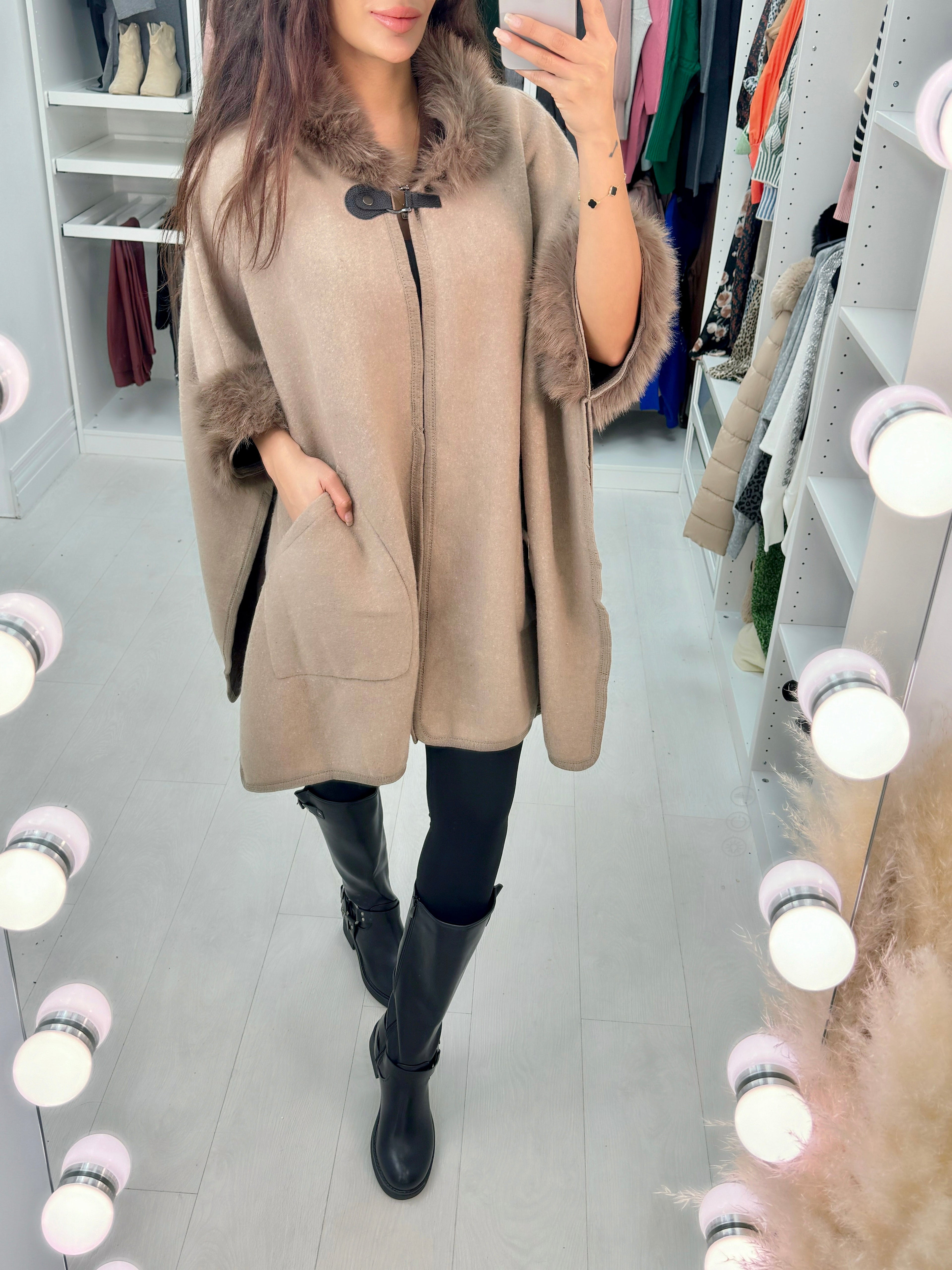 Zarina Faux Fur Hooded Poncho Jacket