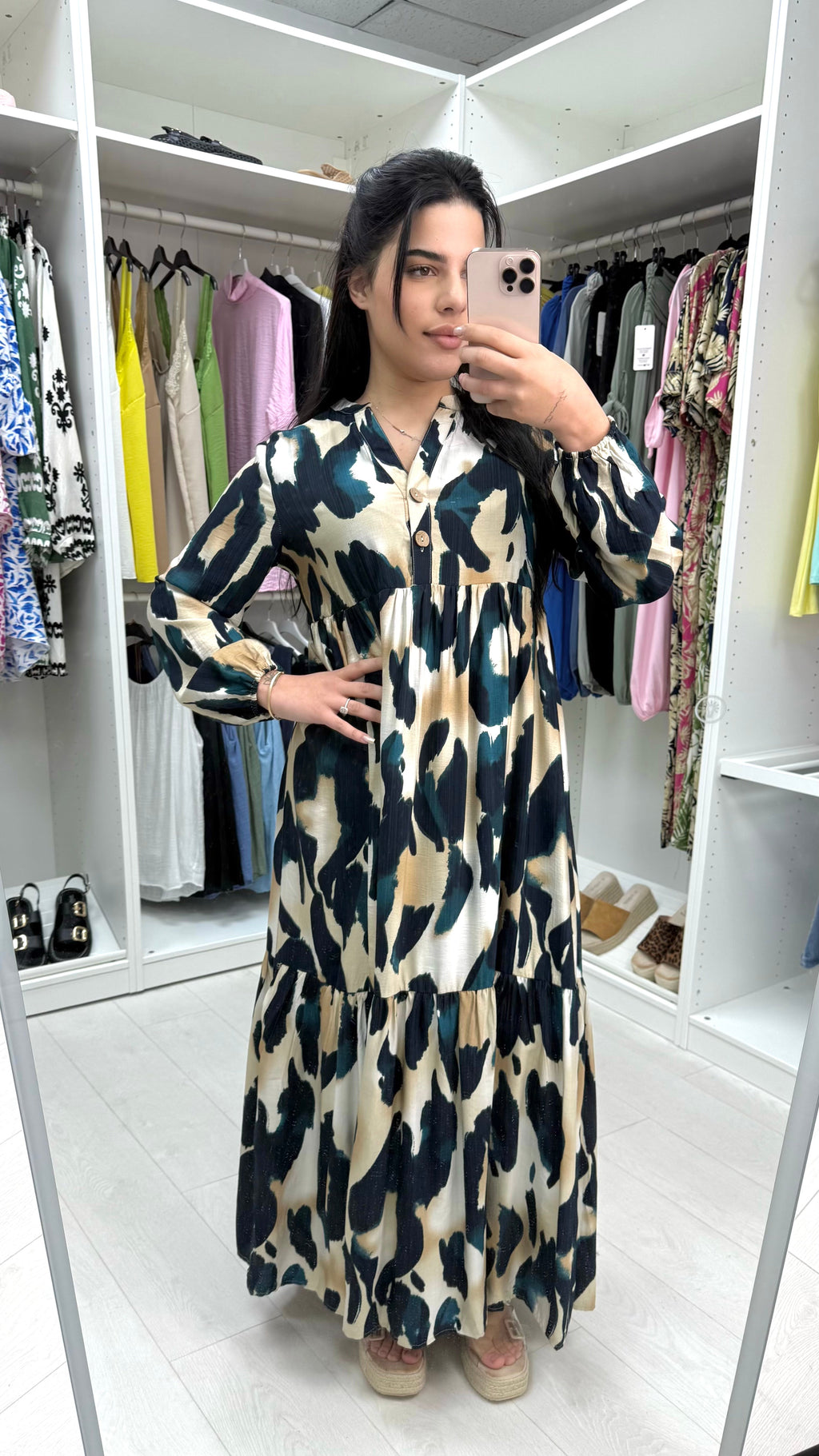 Kelsey V Neck Cheetah Print Smock Maxi Dress