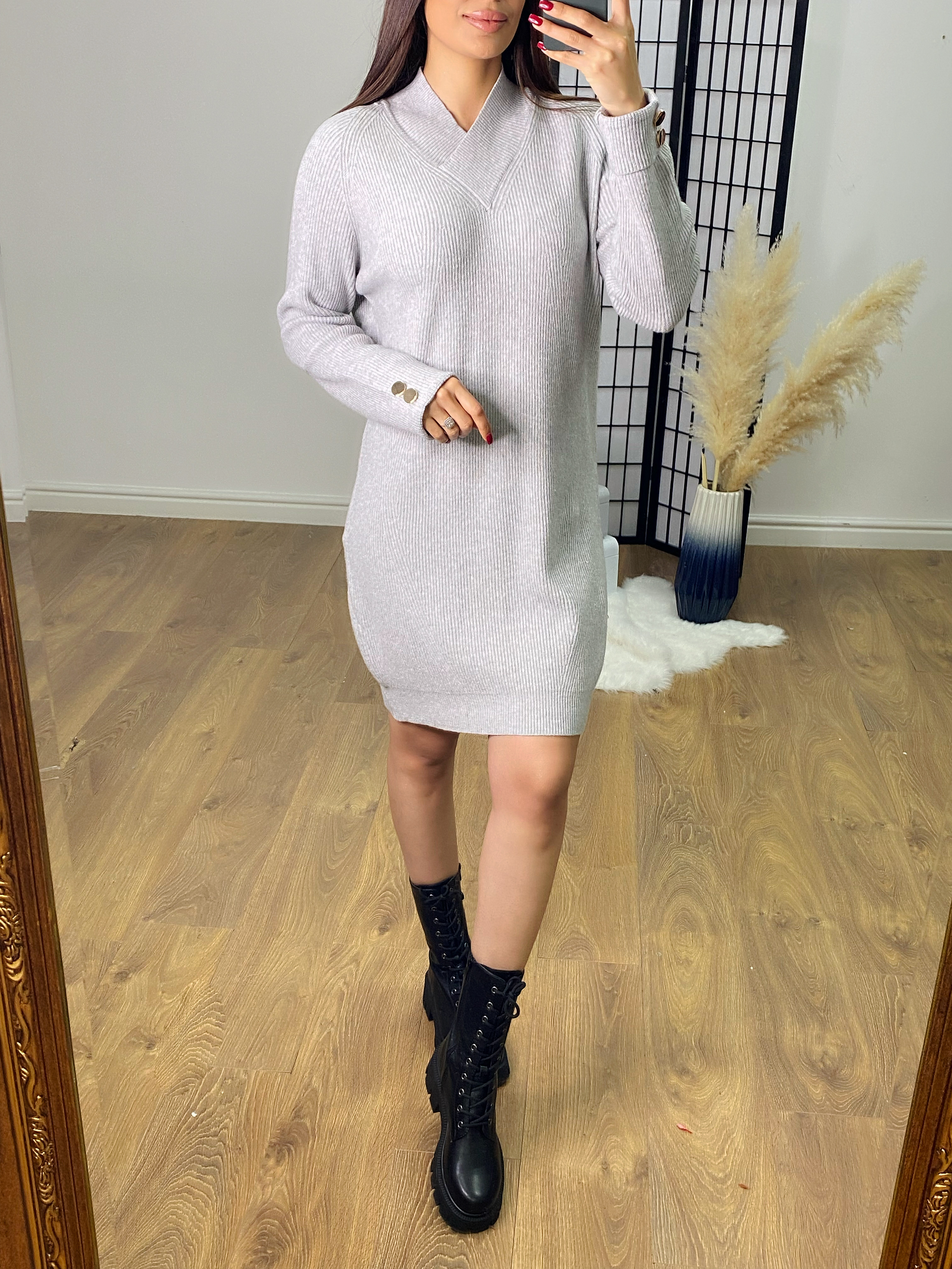 Pammie Plain V Neck Ribbed Jumper Dress