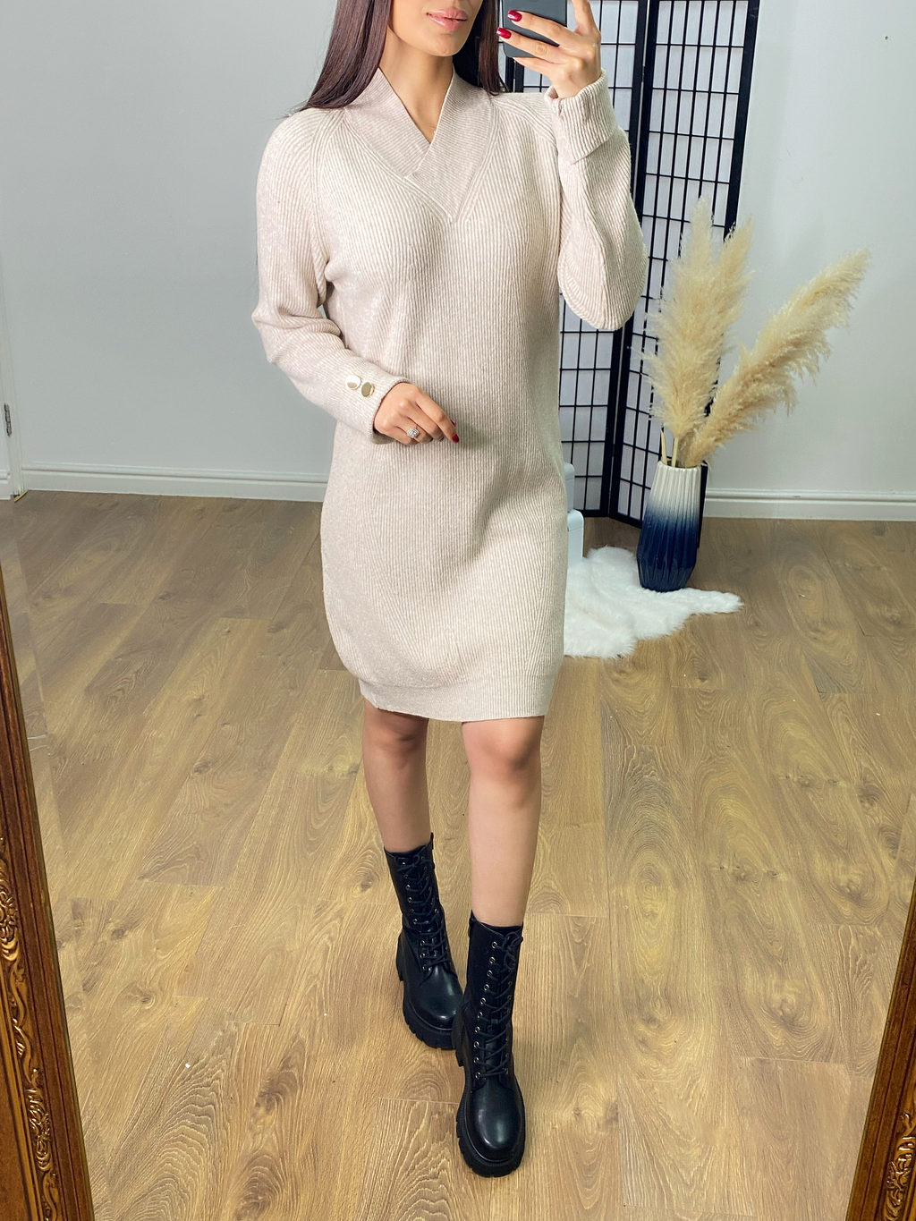 Pammie Plain V Neck Ribbed Jumper Dress
