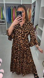 Fleur Camel Leopard Print Smock Maxi Dress