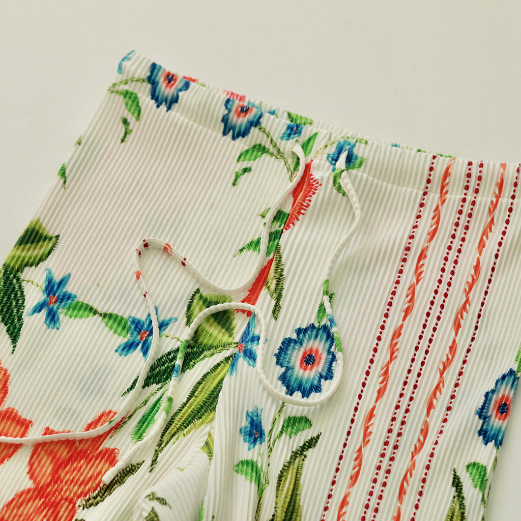 Colorful Floral Embroidery Vest Top & Pleated Pants