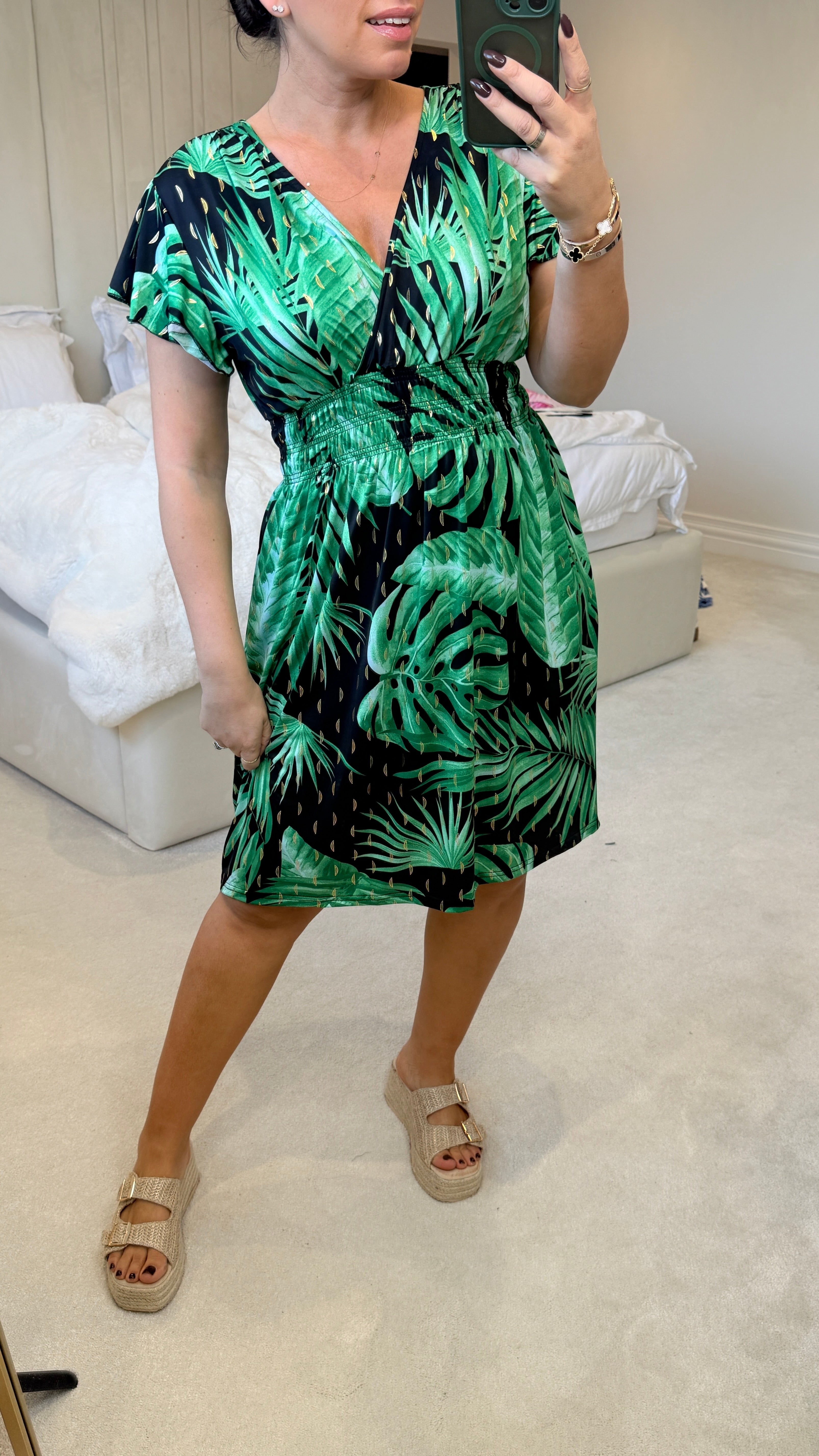 Simmy Leaf Print Shirred Waist Midi Magic Dress