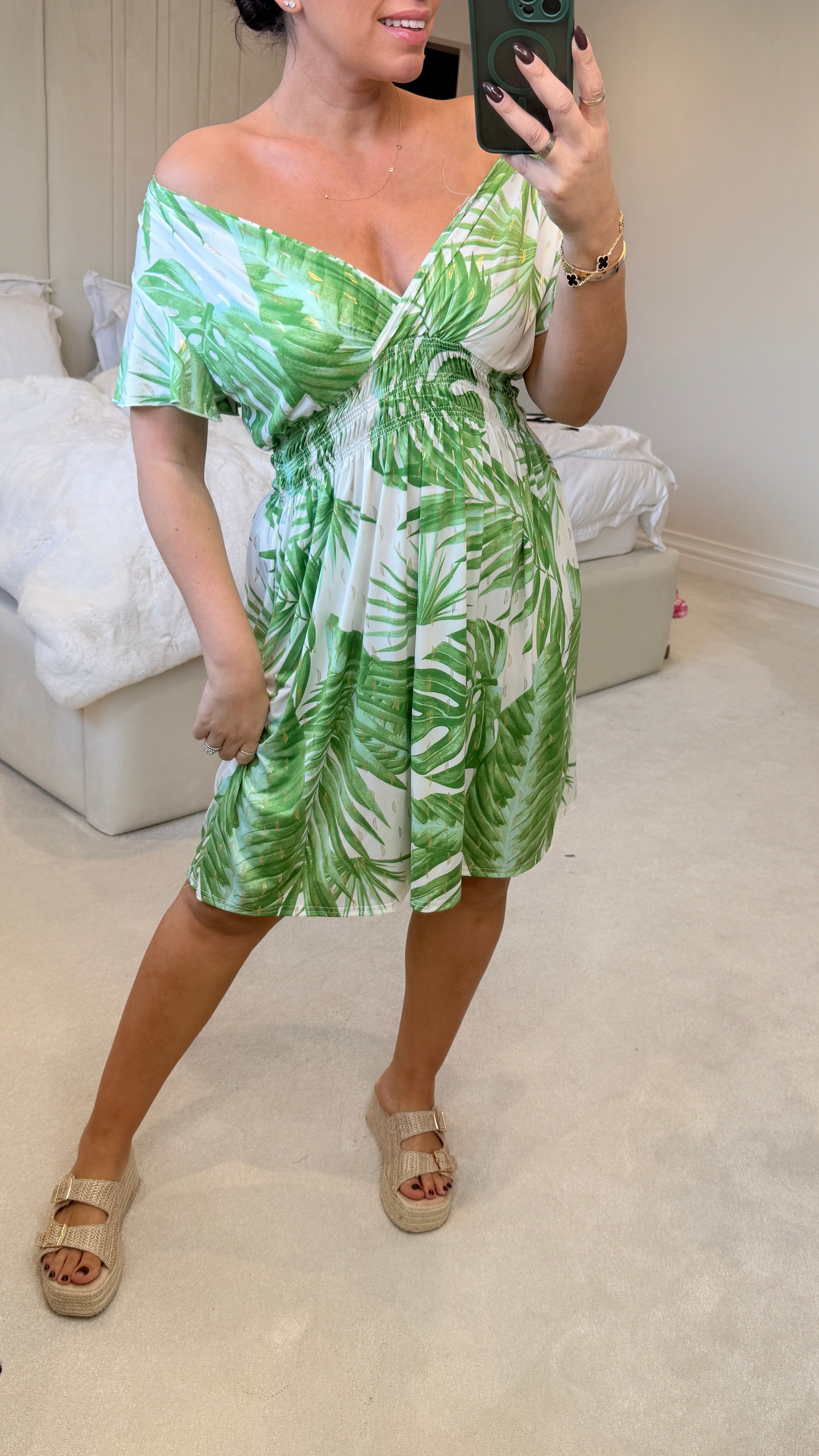 Simmy Leaf Print Shirred Waist Midi Magic Dress