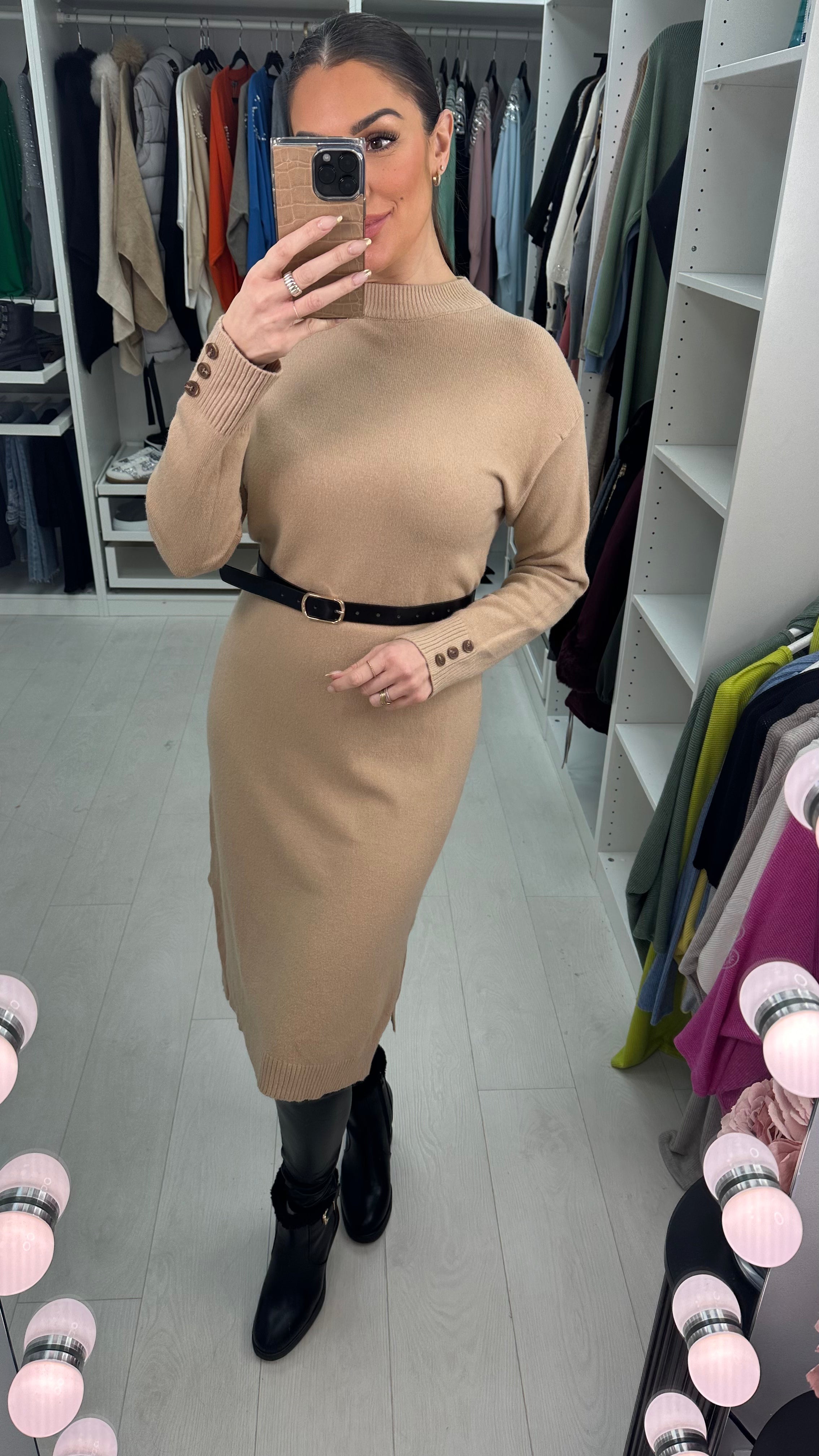 Tamara Plain Faux Leather Belt Jumper Dress