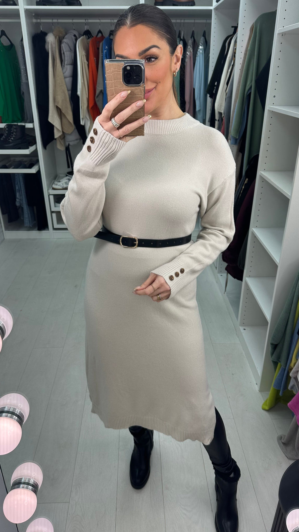 Tamara Plain Faux Leather Belt Jumper Dress