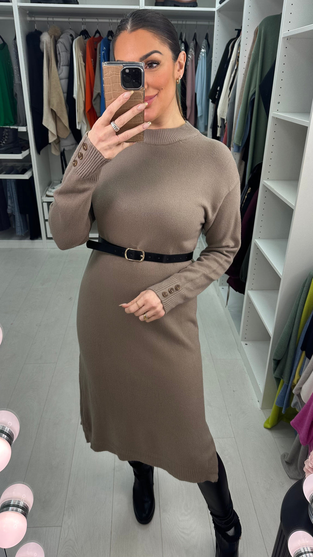 Tamara Plain Faux Leather Belt Jumper Dress