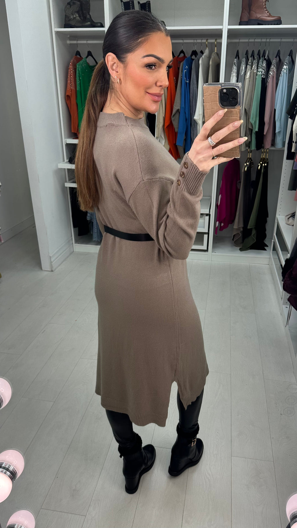 Tamara Plain Faux Leather Belt Jumper Dress