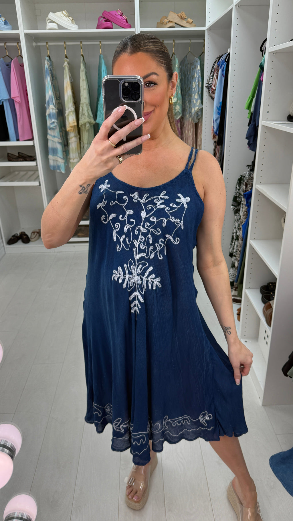 Anita Floral Embroidered Double Strap Denim Dress