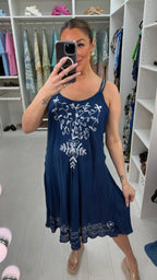 Anita Floral Embroidered Double Strap Denim Dress