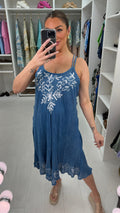 Anita Floral Embroidered Double Strap Denim Dress