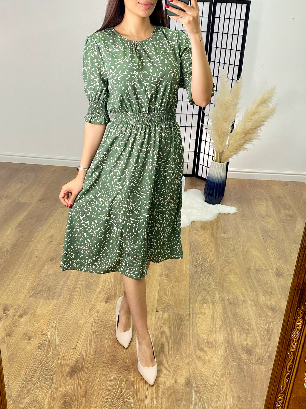 Filly Khaki Leaf Print Midi Dress