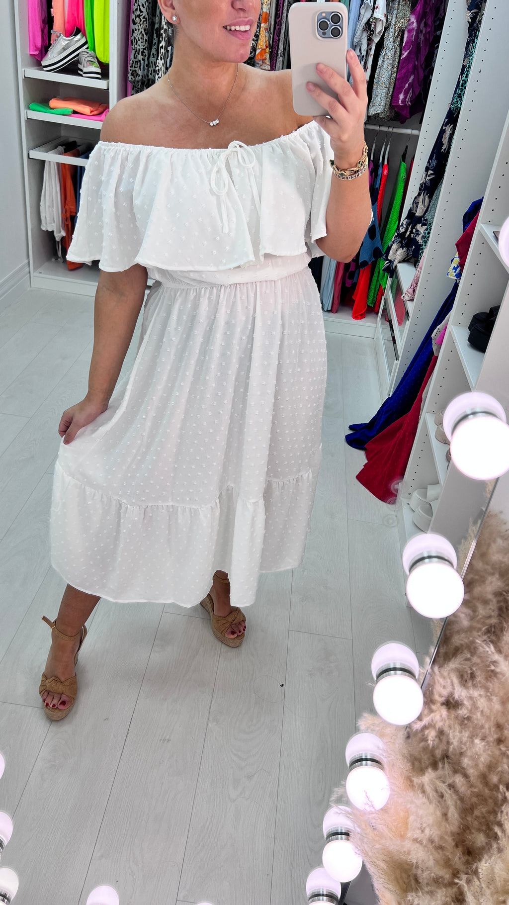 Danita Dobby Ruffle Bardot  Midi Dress