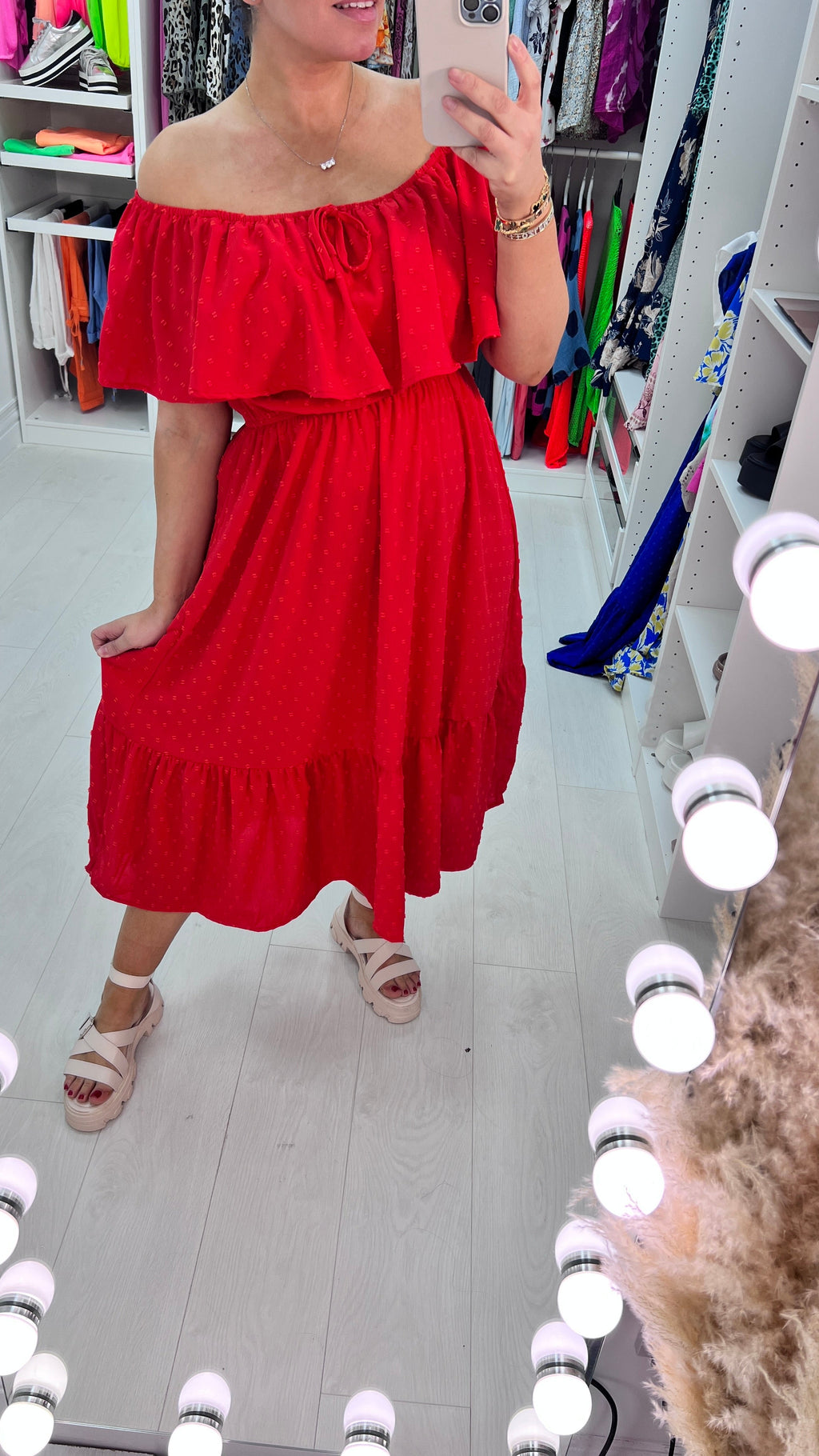 Danita Dobby Ruffle Bardot  Midi Dress