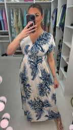 Rosalie Leaf Print Shirred Waist Magic Maxi Dress