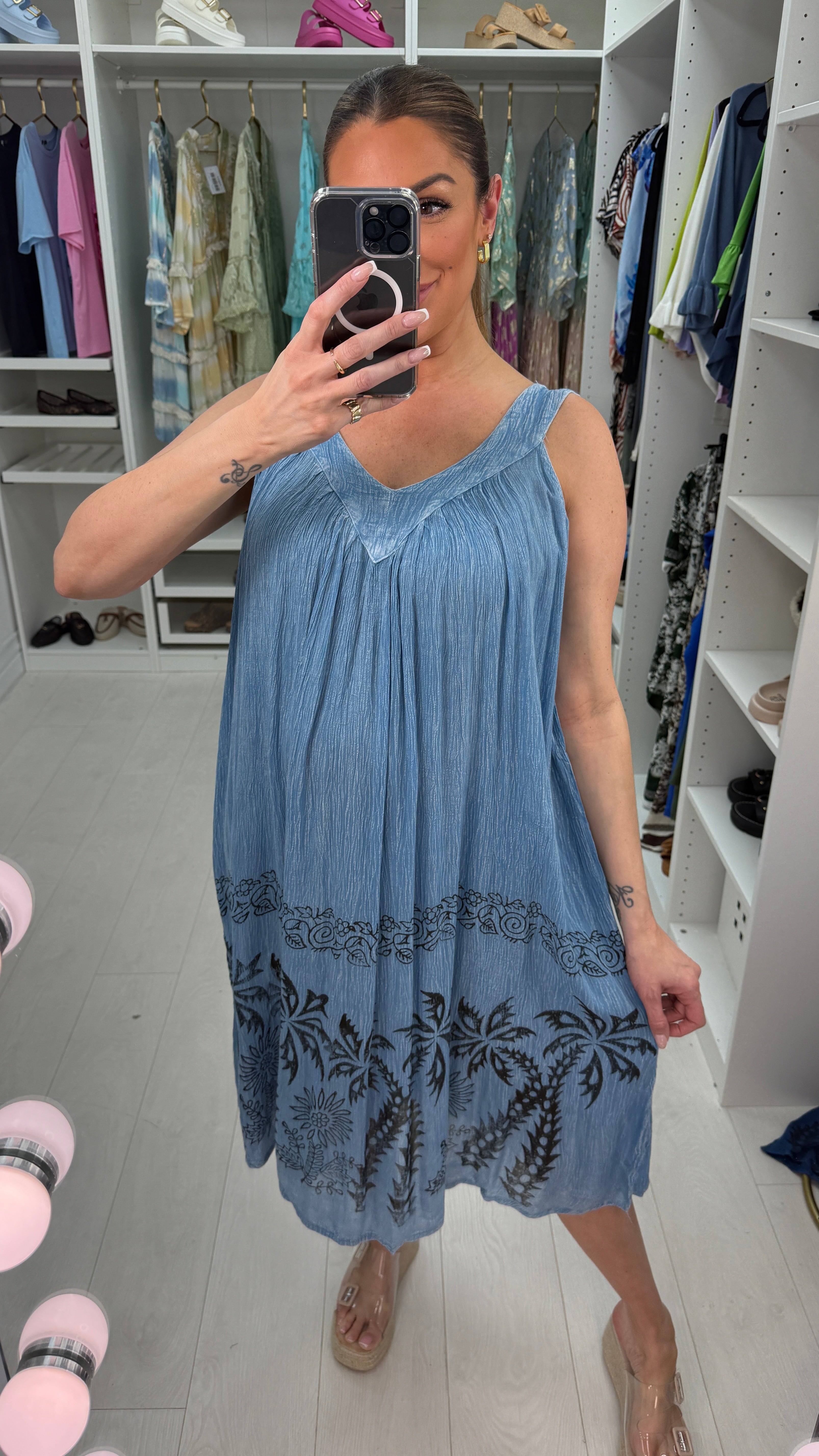 Tia V Neck Print Hem Loose Fit Denim Dress