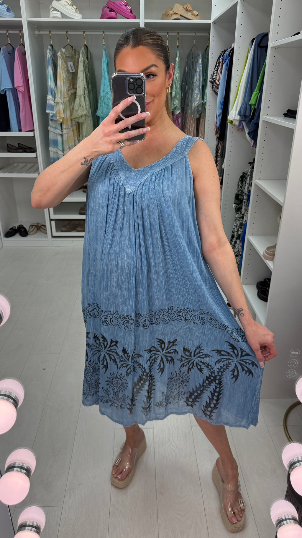 Tia V Neck Print Hem Loose Fit Denim Dress