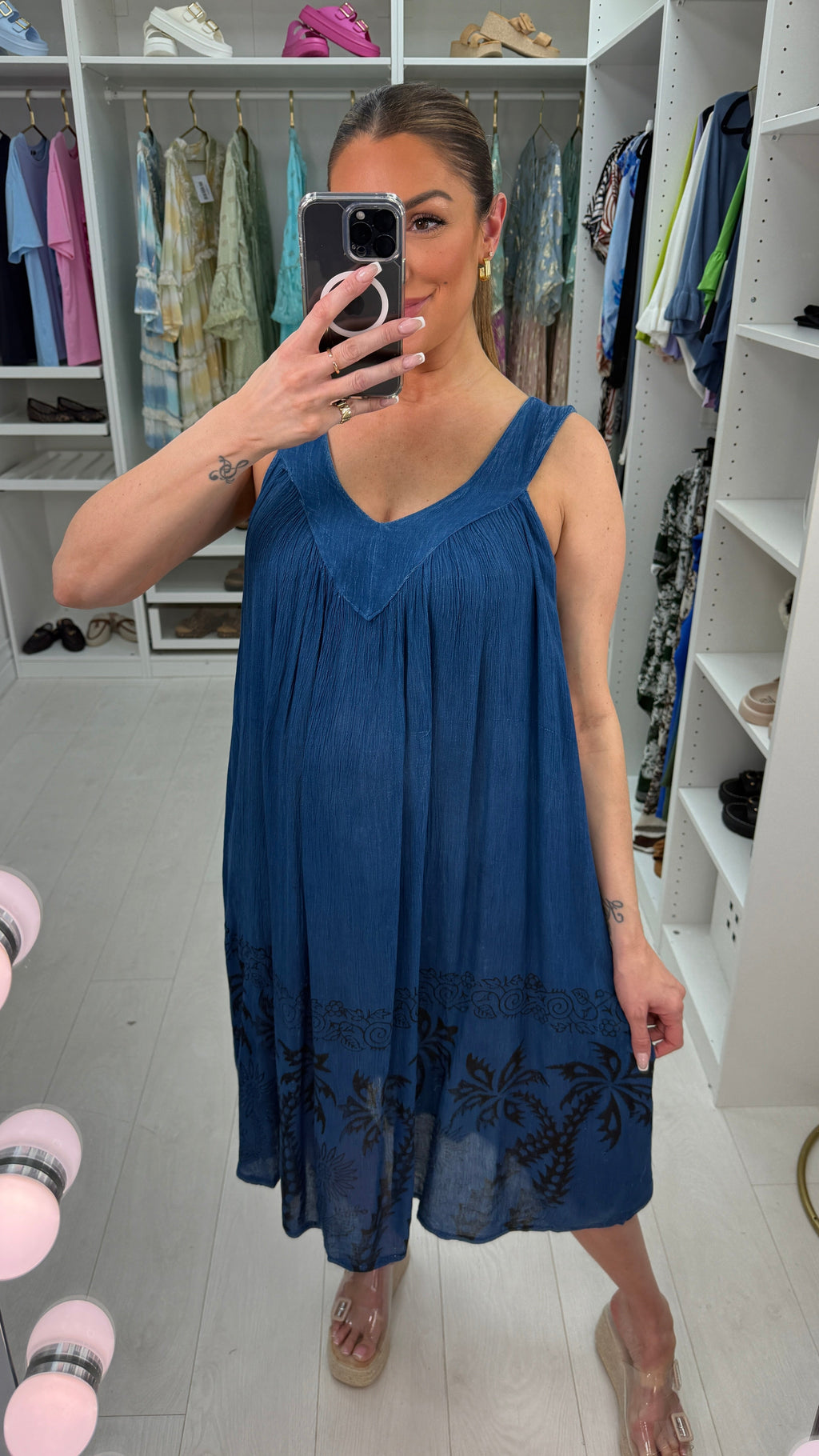 Tia V Neck Print Hem Loose Fit Denim Dress