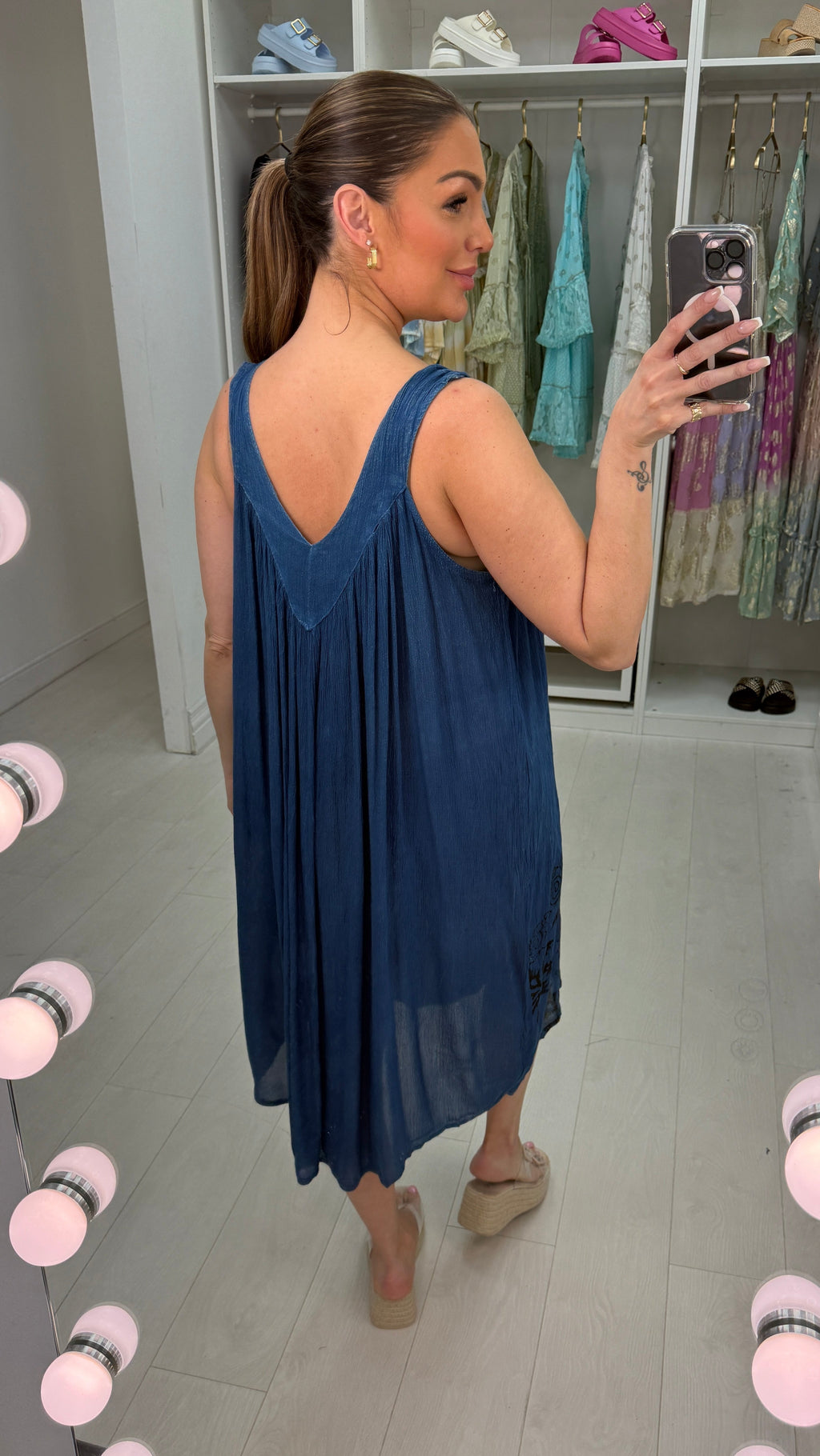 Tia V Neck Print Hem Loose Fit Denim Dress