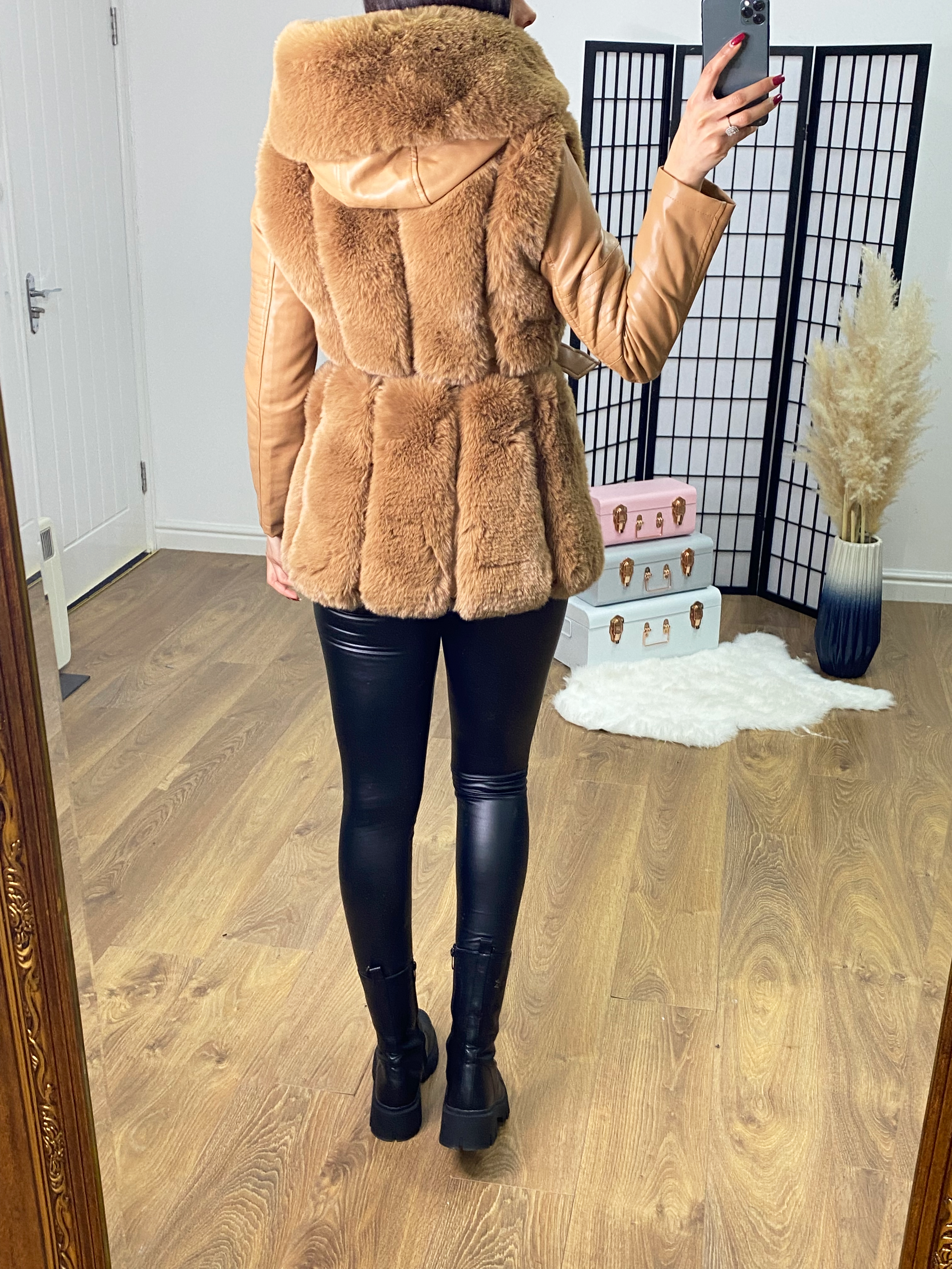 Navina Tan Faux Fur Panel Biker Jacket