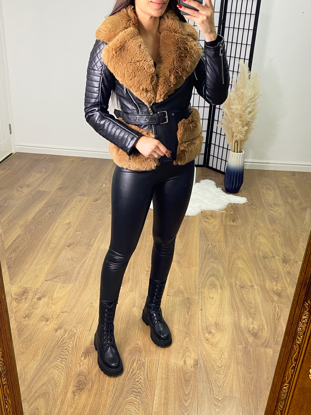 Glendah Faux Leather Tan Faux Fur Belted Jacket