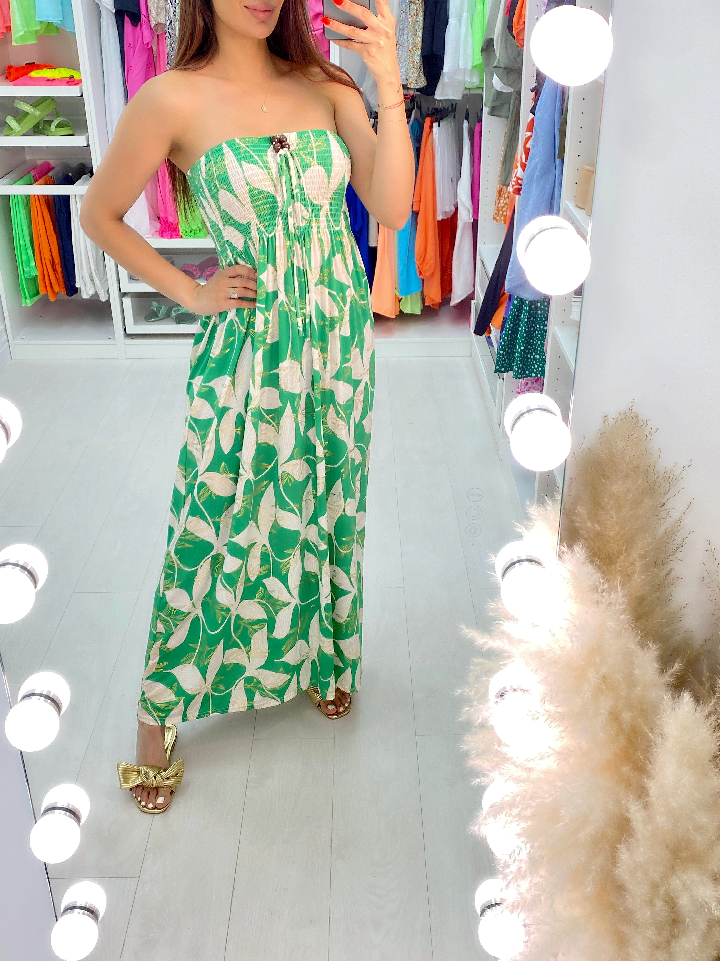 Elana Elasticated Bust Leaf Print Bandeau Maxi Dress