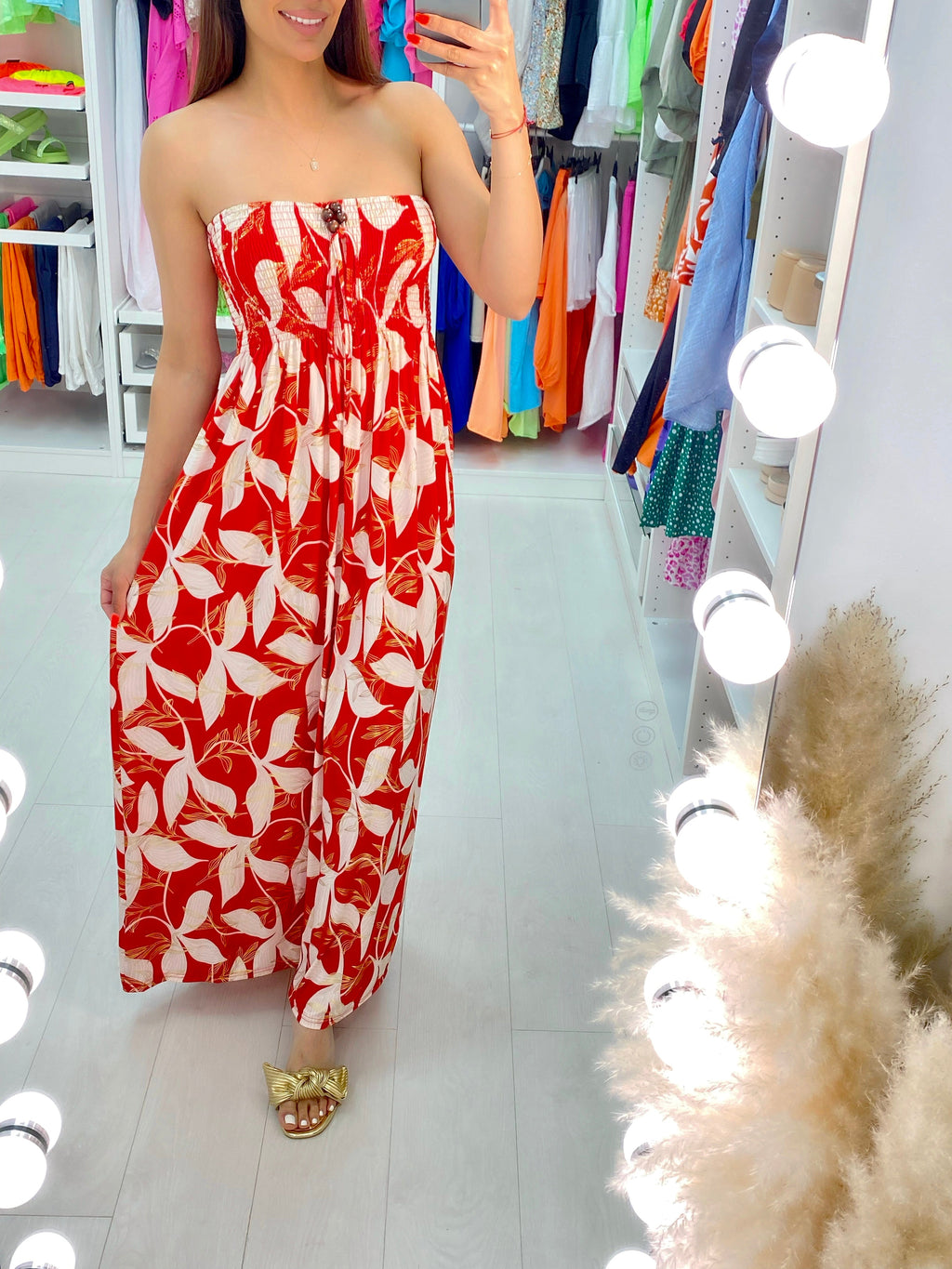 Elana Elasticated Bust Leaf Print Bandeau Maxi Dress