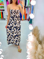 Elana Elasticated Bust Leaf Print Bandeau Maxi Dress