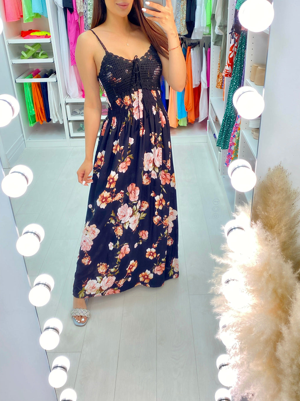 Rojda Crochet Bust Floral Print Maxi Dress