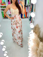 Rojda Crochet Bust Floral Print Maxi Dress