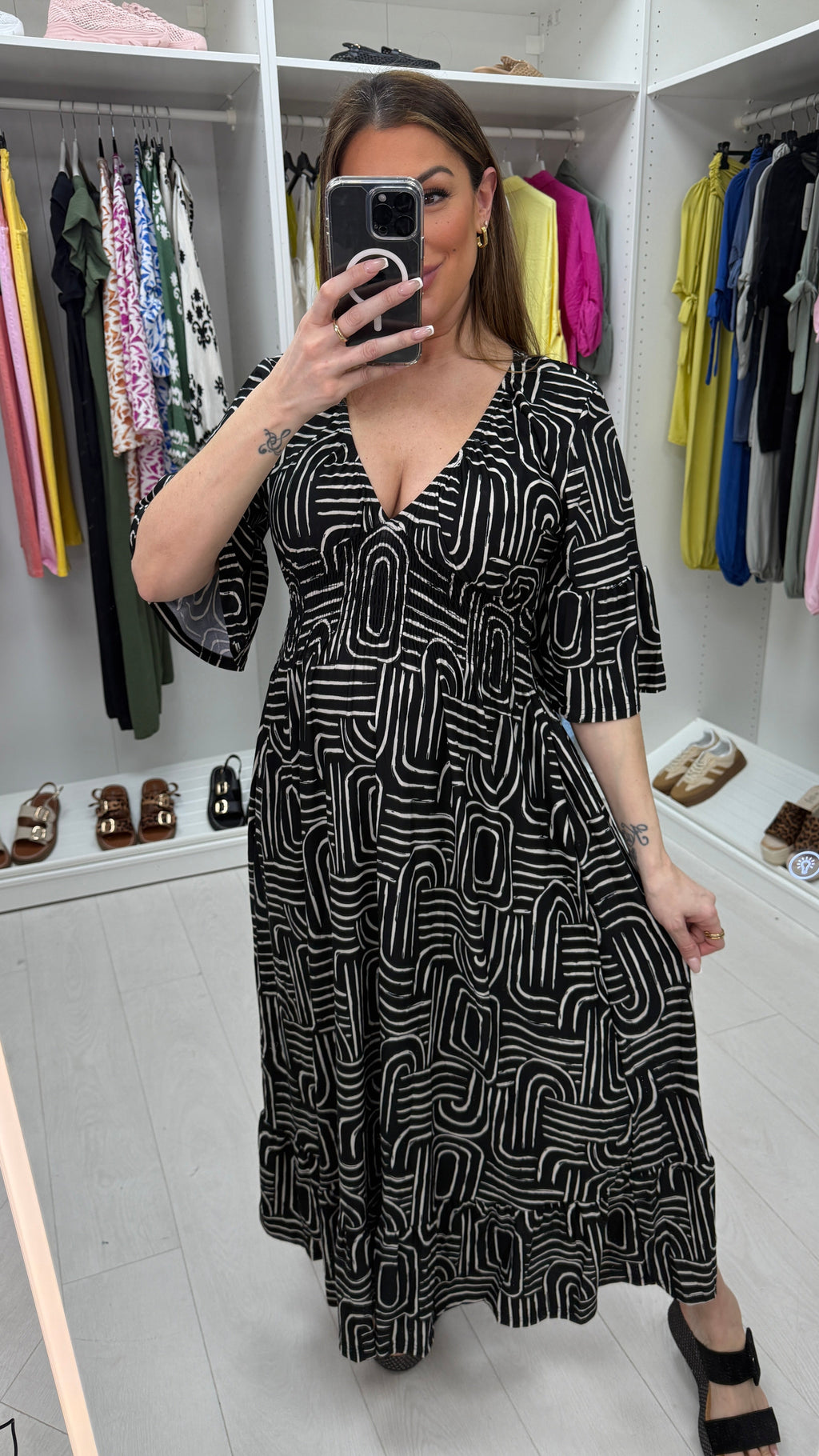 Maeve Abstract Print Shirred Waist Maxi Dress