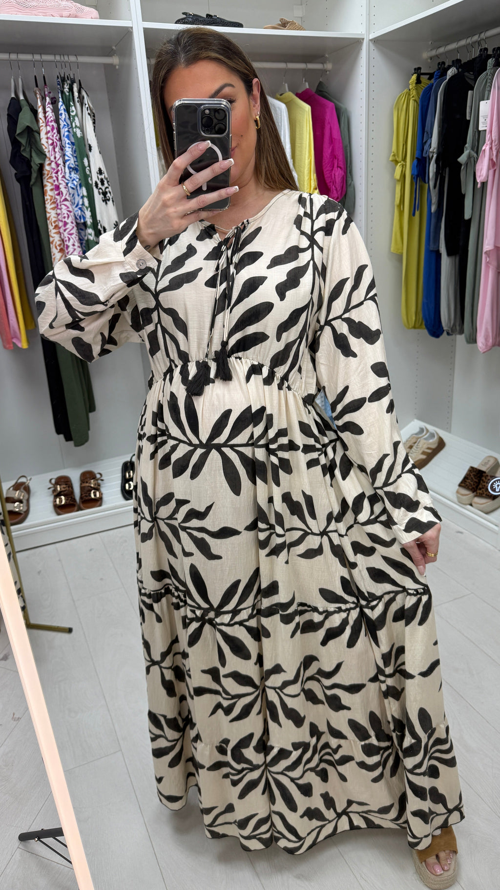Maybelle Leaf Print V Neck Smock Maxi Dress