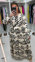Maybelle Leaf Print V Neck Smock Maxi Dress
