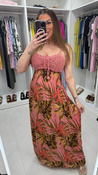 Hilary Leaf Print Crochet Bust Maxi Dress