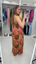 Hilary Leaf Print Crochet Bust Maxi Dress