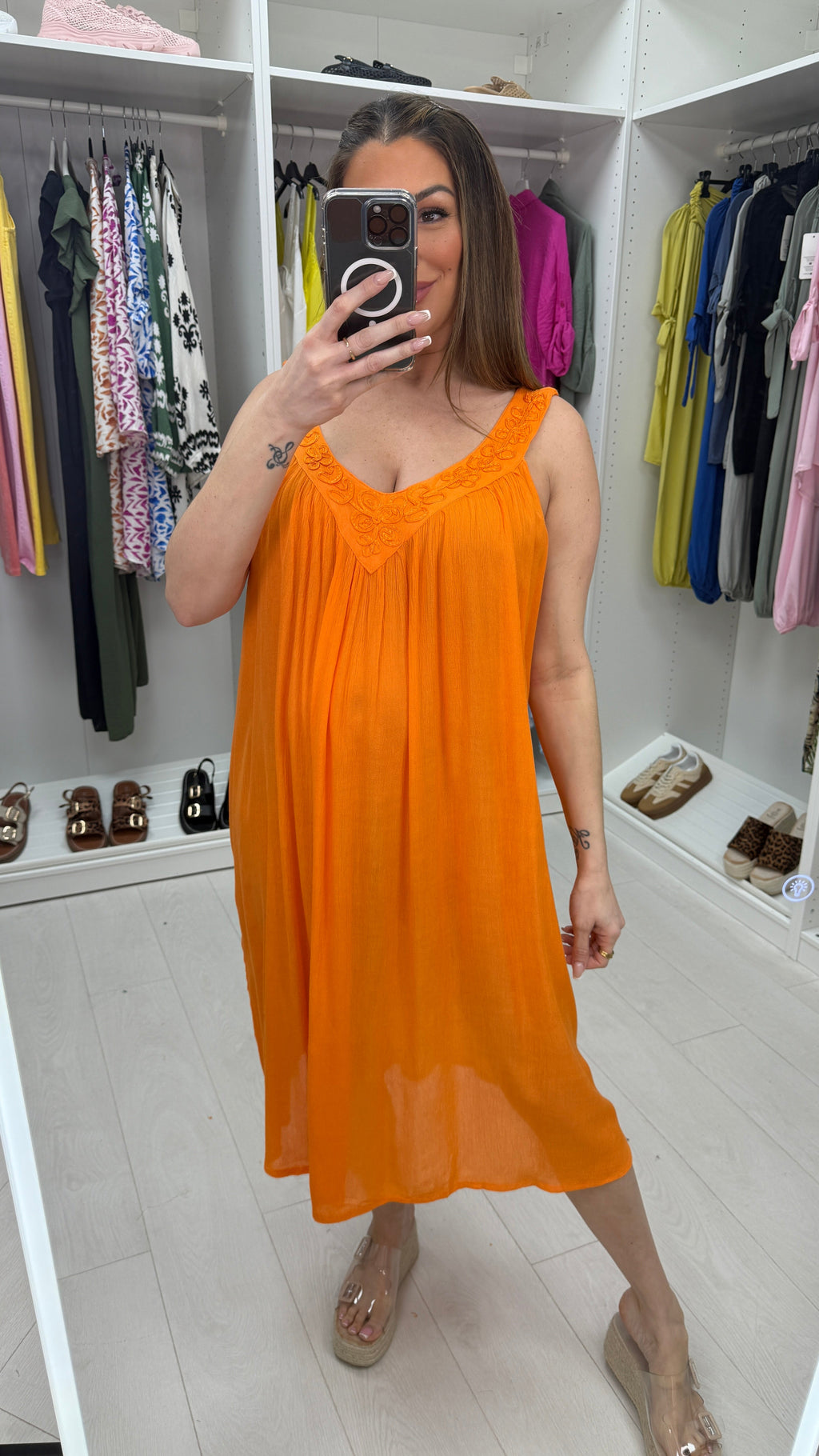 Esmina Plain Embroidered V Neck Loose Fit Dress