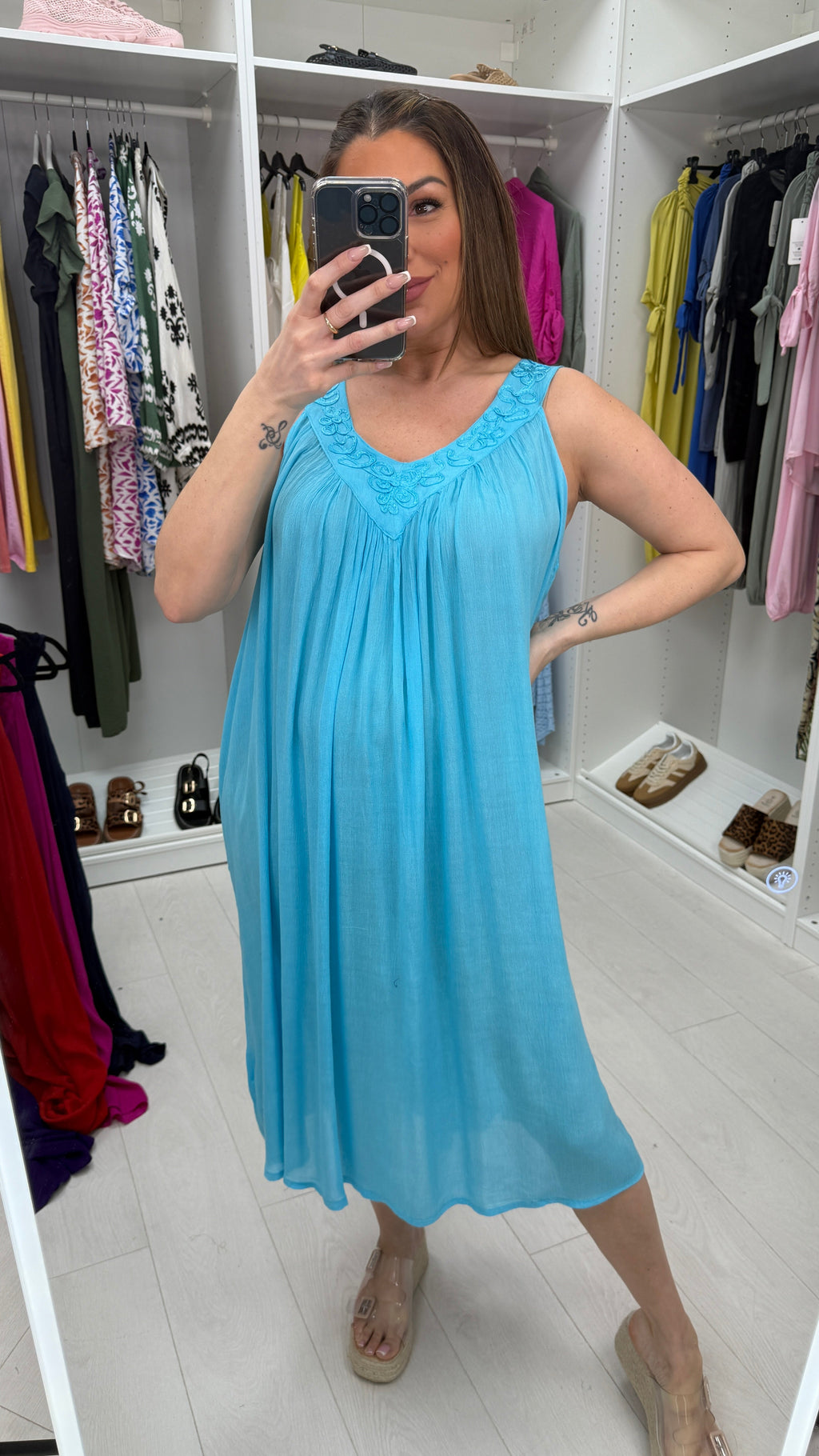 Esmina Plain Embroidered V Neck Loose Fit Dress