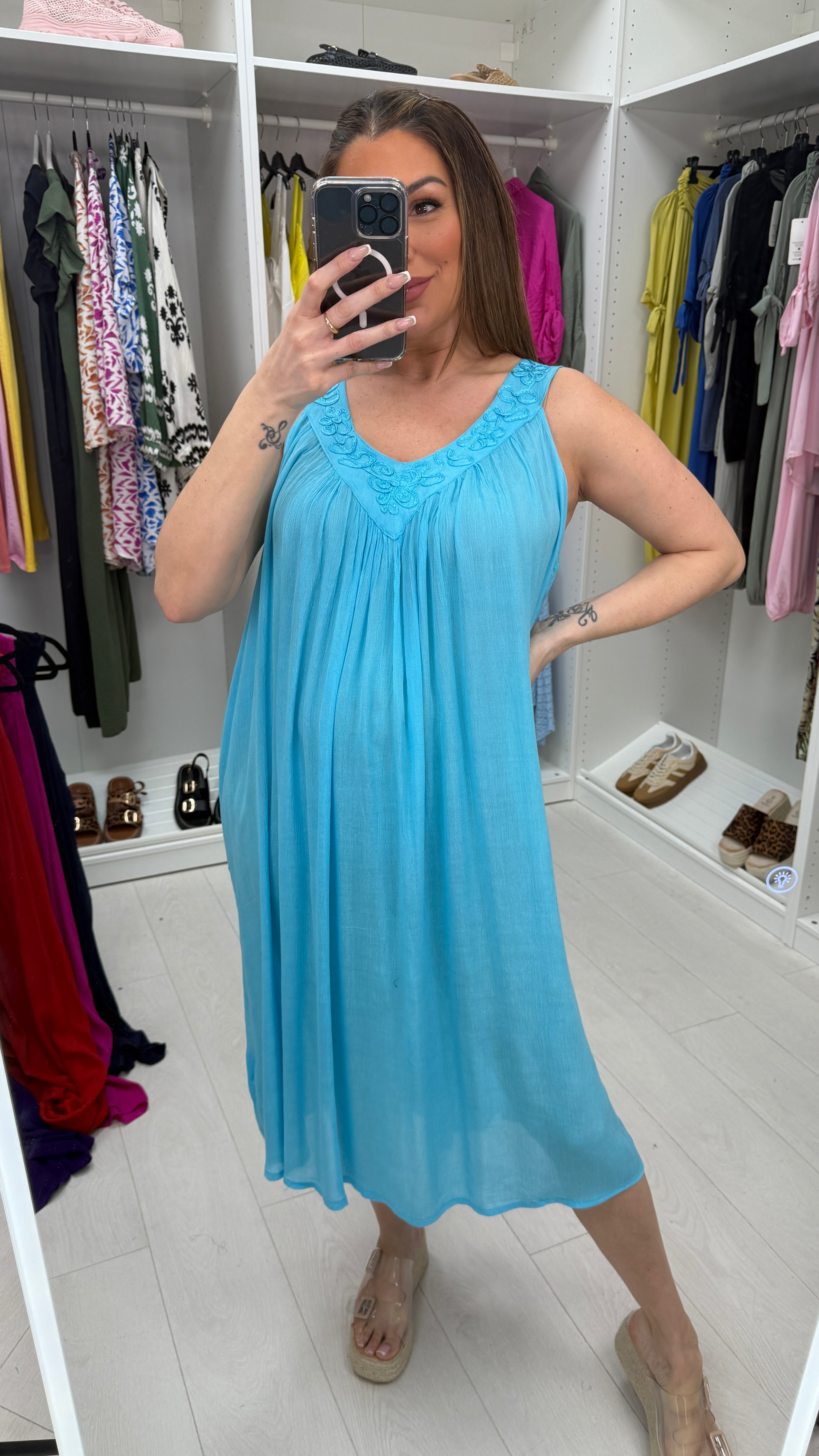 Esmina Plain Embroidered V Neck Loose Fit Dress