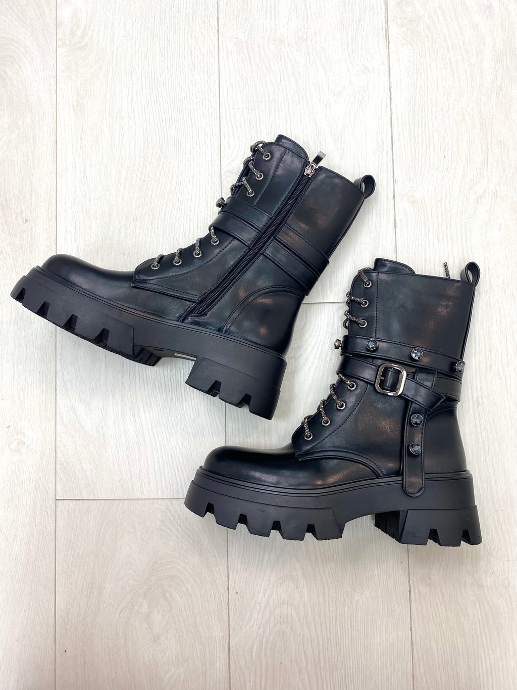 Atilio Faux Leather Diamante Lace Jewel Studded Biker Boots