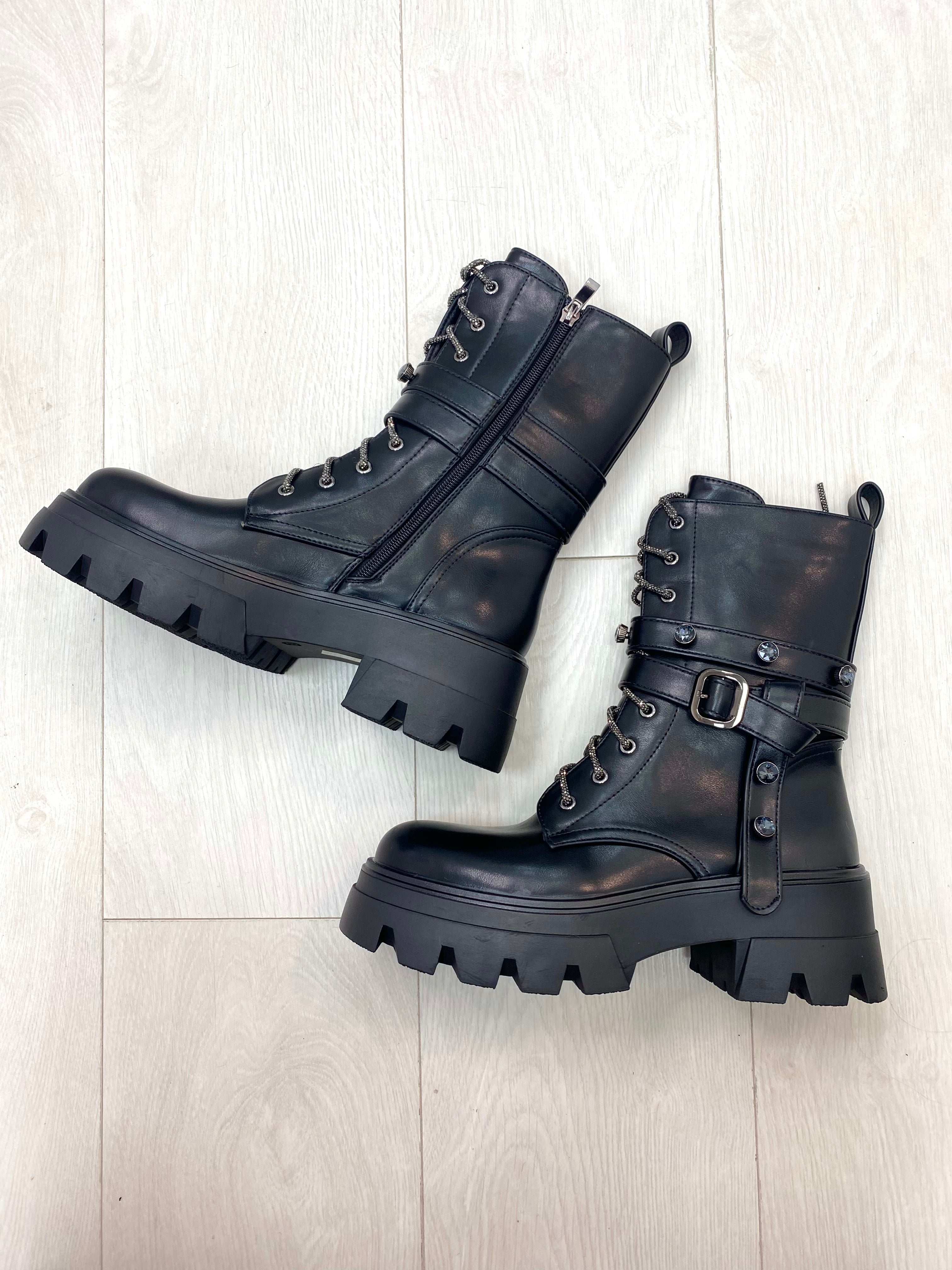 Atilio Faux Leather Diamante Lace Jewel Studded Biker Boots