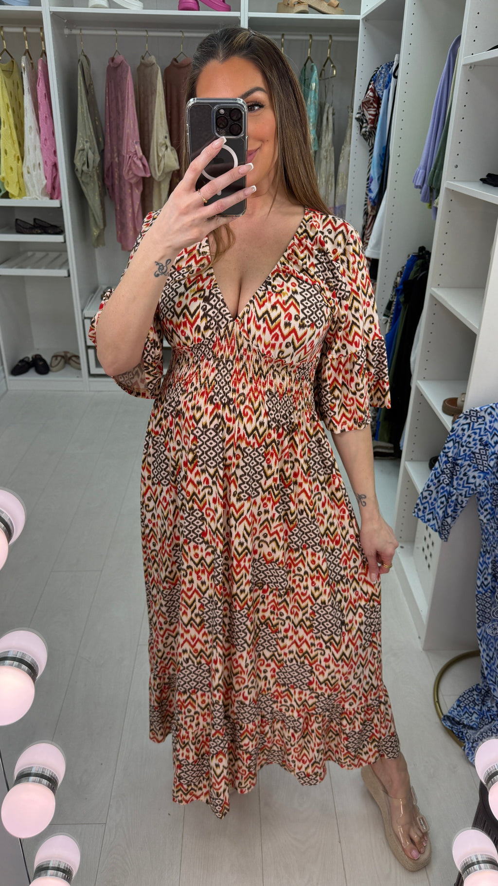 Scarlet Aztec Print Shirred Waist Magic Maxi Dress
