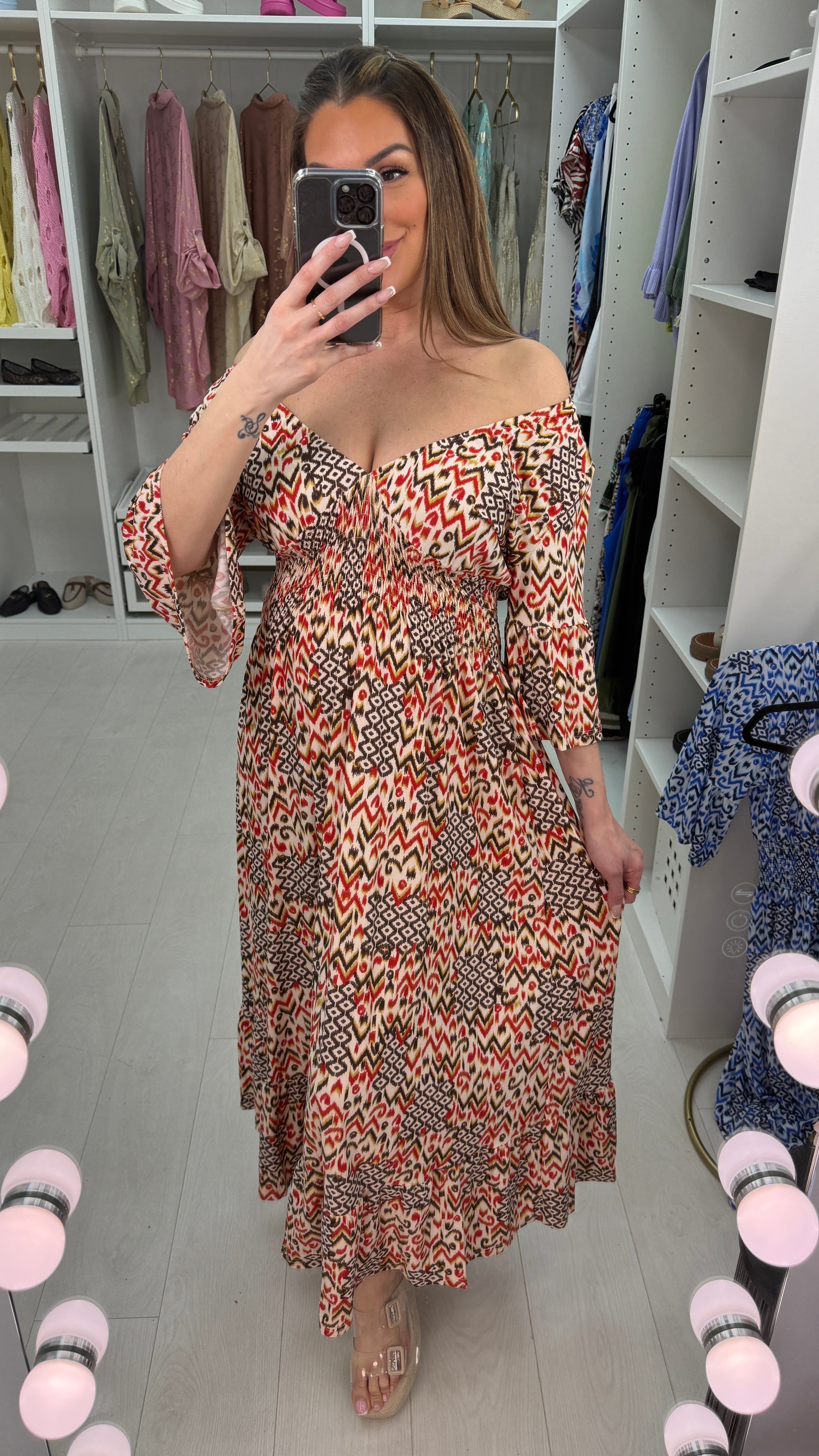 Scarlet Aztec Print Shirred Waist Magic Maxi Dress