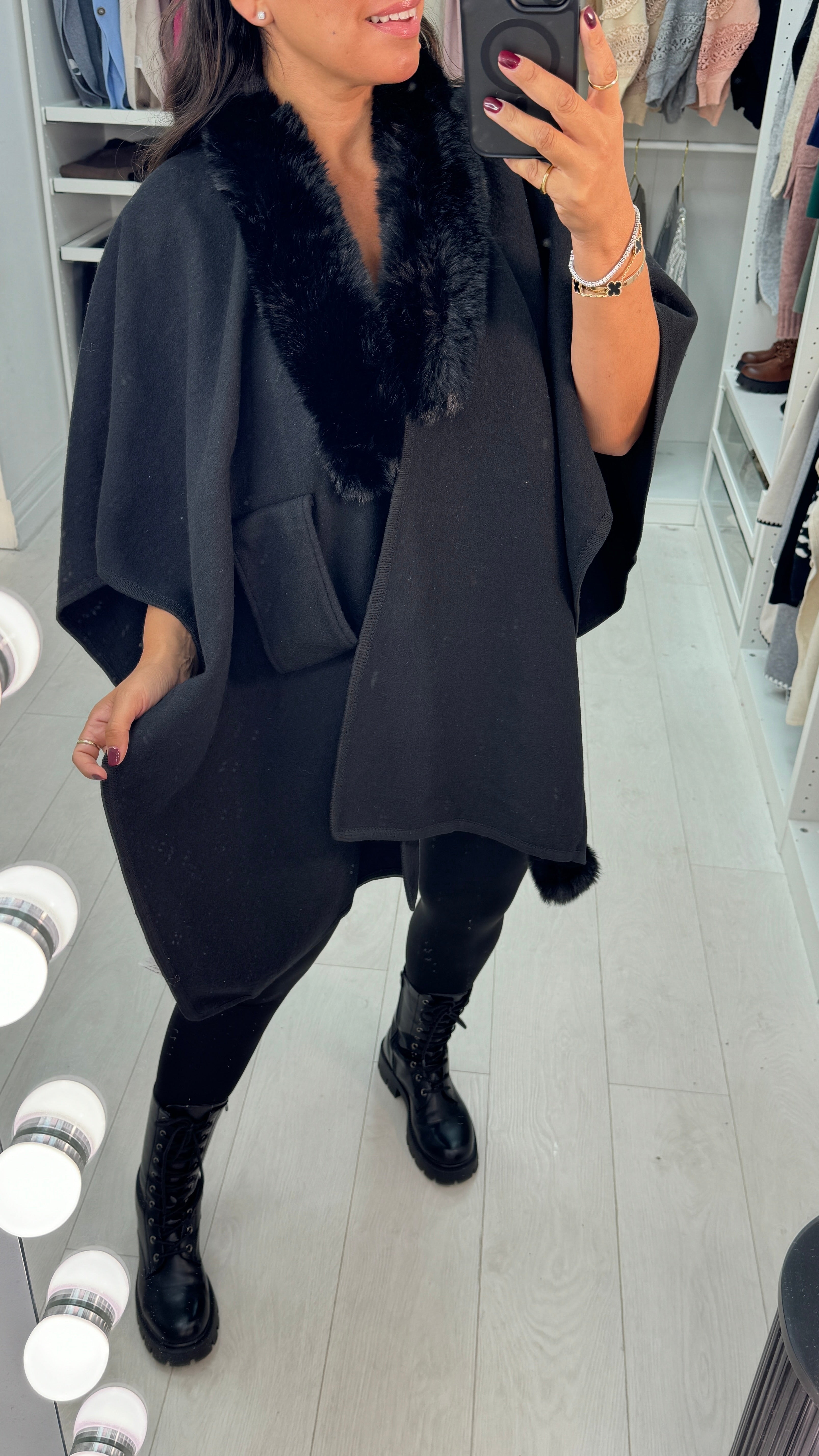 Roxanna Plain Faux Fur Trim Poncho