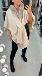 Roxanna Plain Faux Fur Trim Poncho