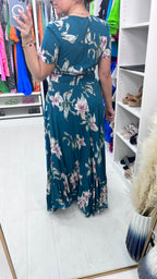 Doreen Teal Lily Print Ruffle Hem Maxi Dress