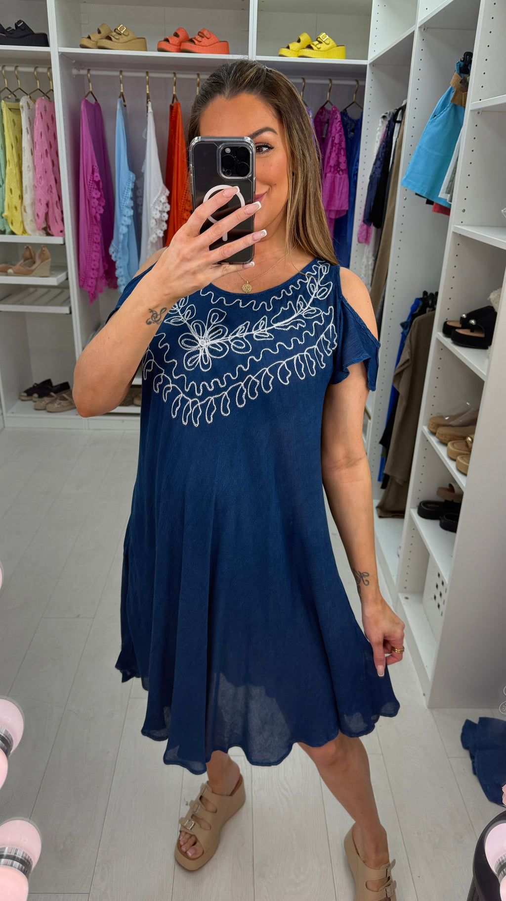 Stevie Denim Floral Embroidered Drop Sleeve Dress