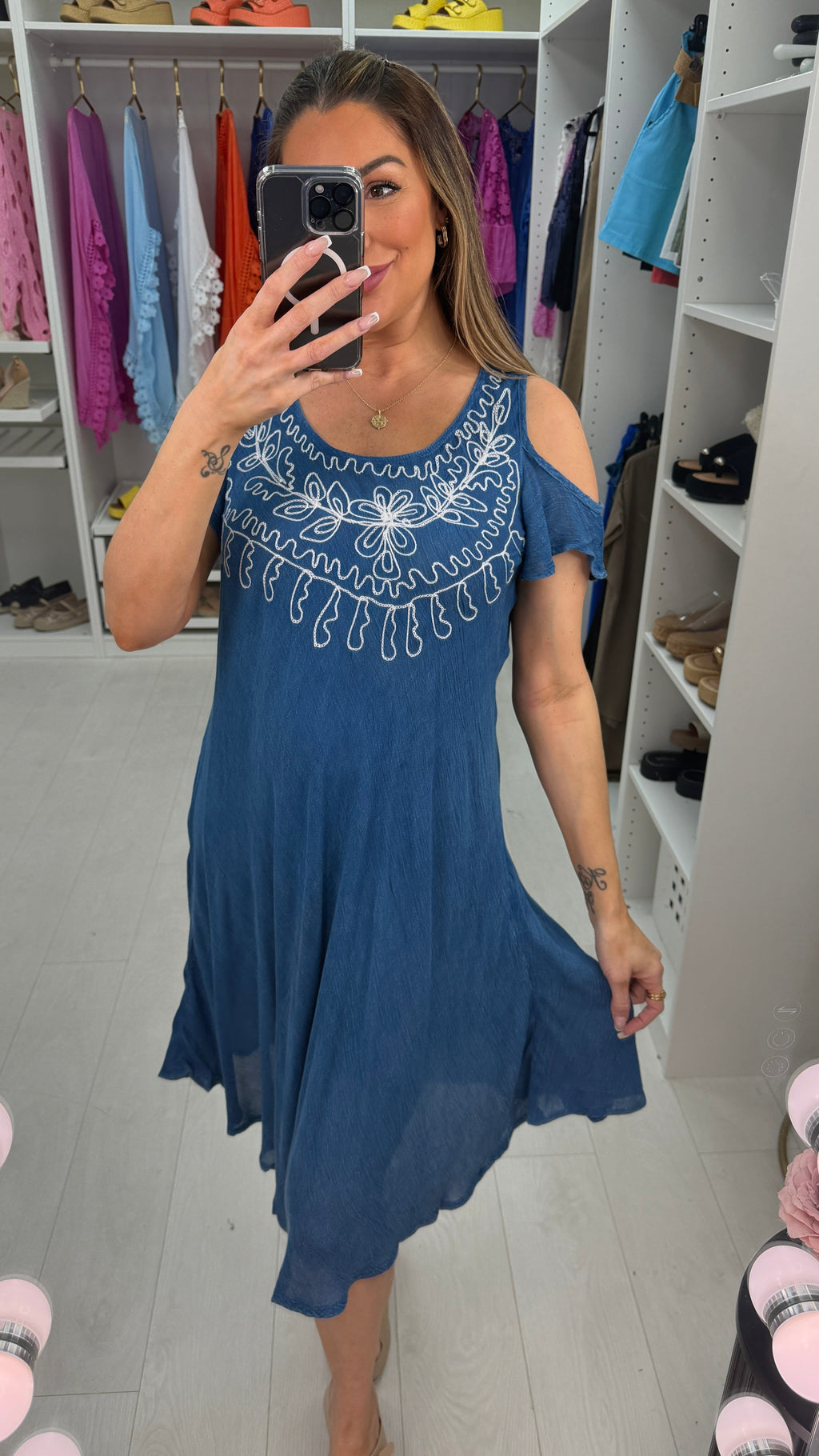 Stevie Denim Floral Embroidered Drop Sleeve Dress