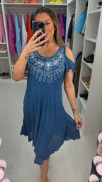 Stevie Denim Floral Embroidered Drop Sleeve Dress