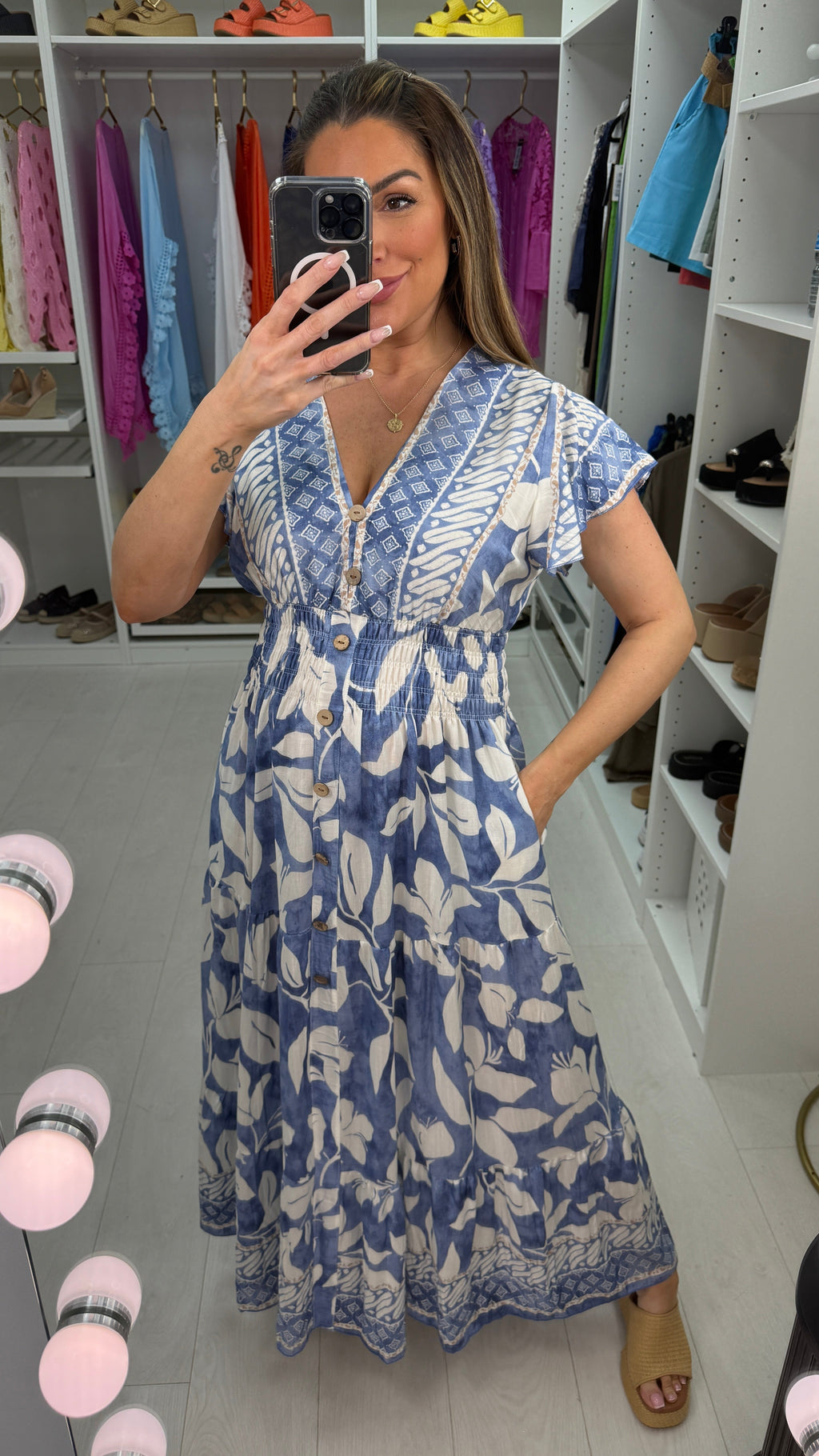 Beatrice Abstract Print Button Detailed Maxi Dress